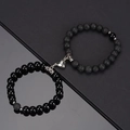 Magnetic heart couple bracelets with black polished beads and volcanic lava stones - Lava Rock And Black Glass With White Heart Magnet