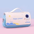 Cartoon astronaut pencil case with large capacity and portable handle in blue and pink - Space Light Blue