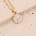 Detail of gold sunburst pendant with white enamel on a flat link stainless steel chain - White Enamel Sun Pattern (8#)