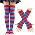 St. Patrick's Day red and blue striped knee-high socks and matching arm sleeves set - Red Dark Blue Wide Striped Socks and Gloves