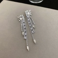 Elegant silver tassel earrings with sparkling zircon and clear crystals on grey background - Geometric Rhinestone Tassel Style (34)