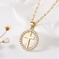 Minimalist gold plated cross pendant necklace with clear cubic zirconia in variant C style - Style C - Gold Round Cross with White Zirconia