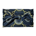 Elastic bohemian wide headband featuring gold chain print and white Greek key pattern - Black Greek Key Chain Bow (10781)