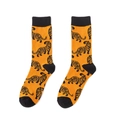 Detailed close-up of vibrant orange crew socks with black tiger patterns and ribbed cuffs - One Size / Orange Black Tiger (A485)