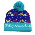 Close-up of blue knit hat with Feliz Navidad embroidery and colorful festive patterns - One Size / Blue Cyan Feliz Navidad (LED)