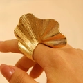 Irregular ginkgo leaf alloy ring in golden finish featuring textured pleated design - Gold Textured Ginkgo Leaf Ring (K-547)