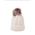 Close-up of cable knit texture and faux fur pompom on this beige winter beanie hat - M (56-58cm) / White