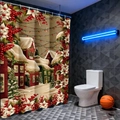 Detail of Christmas shower curtain featuring snowy red house village and floral berries - 90*180cm / Christmas Red House Snow