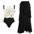 Elegant black and white swimsuit set with large white flower and ruffled high waist skirt - S / Black One-Piece Set