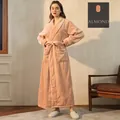 Thick almond flannel bathrobe for couples featuring a long cut and cozy coral fleece texture - Almond (Female)