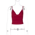 Detailed close-up of a red V-neck cropped tank top with ruched texture on a clear mannequin - XS / Burgundy