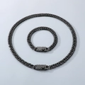 Polished dark grey stainless steel Cuban link necklace and bracelet jewelry set - Bracelet 21cm / 9mm Wide Type A Buckle / Black