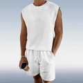 Ensemble d'été pour homme avec débardeur sans manches en maille gaufrée et short blanc - M / Blanc
