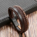 Pulsera de cuero trenzado marrón de varias capas con cuentas y cierre magnético - Negro Mate + Café