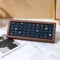 Dark walnut wood ring display tray with deep blue velvet lining and 8 rows of storage - Walnut Frame with Blue Interior