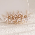 Golden bridal hair comb with white enamel leaves, pearls and rhinestones decoration - 7# KC Gold Hair Comb
