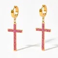 Punk style gold stainless steel huggie earrings with pink rhinestone cross pendant - Gold with Pink Zirconia