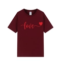 Burgundy crew neck T-shirt featuring a red love script and heart graphic on soft cotton - XS / Wine Red 317 (Red Print)