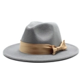 Side view detail of a classic grey felt fedora hat with a tan satin bow band. - Light Gray