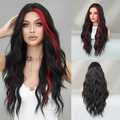 Long wavy black wig with red money piece highlights and center part for a stylish look - Black Highlight Red