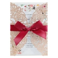 Invito nozze glitter oro rosa intagliato al laser con inserto floreale e fiocco bordeaux - Oro Mela