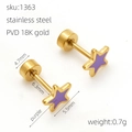 Detailed view of purple star stud earrings with 18K gold PVD plating and dimensions - Purple Star Style (ZE1363G-05)