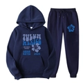 Ensemble survêtement en polaire bleu marine avec sweat à capuche et jogging imprimés - S (L) / Haut Et Bas / Bleu Foncé (Style 13)
