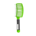 Curved green hairbrush with vented design and non-slip handle for hair styling - Green Without Bristles