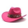Detail of rose red felt cowboy hat featuring embroidered brown leather band and turquoise stud - M (56-58cm) / Rose Red