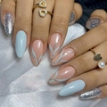Blue and silver glitter almond press-on nails with linear patterns on silk background - Light Blue Silver Glitter Lines Almond Nails Style (Y-395 Glue Type)