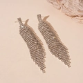 Detailed view of silver long fringe rhinestone earrings on stone props in soft lighting - Silver (Silver Earring Post)