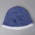 Blue crochet bucket hat with floral accents, silver sequins, and white mesh trim edge - M (56-58cm) / Blue