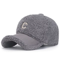 Gray sherpa baseball cap with cream towel-embroidered C letter and teddy fleece texture - Full Grey