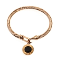Rose gold twisted cable bracelet featuring a Roman numeral circular pendant and hook clasp - Black Dial Roman Numeral Pendant / Rose Gold