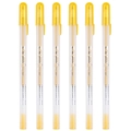Set of 6 gold metallic gel pens for art sketching with transparent barrel and yellow caps - 0.8mm Bullet Tip / Gold