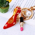 Golden red high heel keychain with pearl, lipstick charm, and sparkling rhinestones - Red Lipstick Pearl Flat Shoes