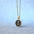 Elegant gold-plated round pendant necklace with black enamel and gold letter I - Letter I