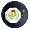 Navy blue round faux leather placemat with white ceramic plate and golden spoon set - Pressed Edge Faux Leather Round / Black