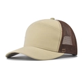 Detail view of khaki trucker hat showing reinforced stitching and brown mesh back panels - Khaki/Dark Brown Patchwork
