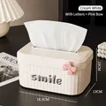 Creamy white tissue box with vertical stripes, smile letter and pink bow decoration - Cream White (With Smile Letters & Bow)