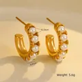 Detail view of 18K gold-plated C-shaped earrings with embedded white pearls and dimensions - C-Shape Open Pearl Style (NMSE-J112-2)