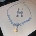 Elegant floral silver jewelry set with sparkling pear-shaped crystal necklace and earrings - 5# Necklace - Silver-Blue