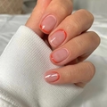Short round press-on nails with nude base and slim orange-red French tips glossy finish - Red French Tip Style (JP1956)