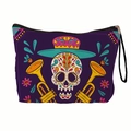 Paarse Dag van de Doden make-uptas met kleurrijke suikerschedel en gouden hoorns - Hoge Hoed & Hoorns Stijl (xy-037-02) / 17x25cm Met Polsband