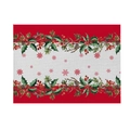 Christmas table mat with red holly leaves and berries pattern on linen texture fabric - CD27-28 (Red Holly Berries)