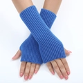 Blue striped knit arm warmer gloves for women in a soft textured winter fashion style - One Size / Sapphire Blue