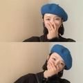 Classic blue wool beret hat for women in British retro style shown in a split view - M(56-58cm) / Blue