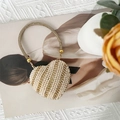 Mini heart-shaped evening bag with white pearls, gold rhinestones and metal handle - Mini / Gold Twill Pearl
