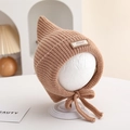 Detailed close-up of khaki baby knit earflap hat with cute pointed cat ears and miu label - 6-18 Months / Khaki