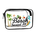 Clear PVC makeup bag with black zipper featuring colorful Beach Survival Kit print - 043-Tropical Beach Survival